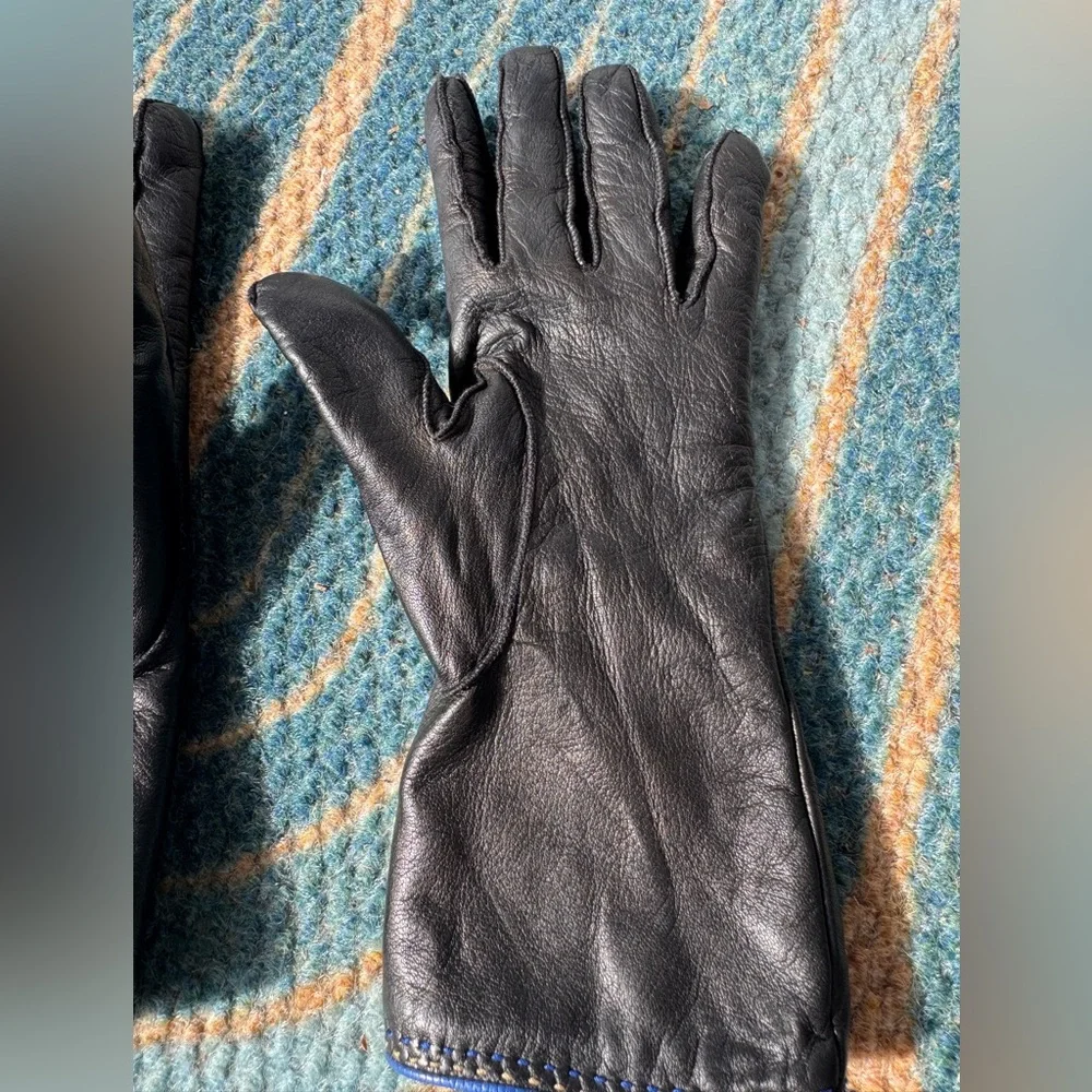 Coach Black Leather Gloves with Cashmere Lining & Blue Trim size 7.5